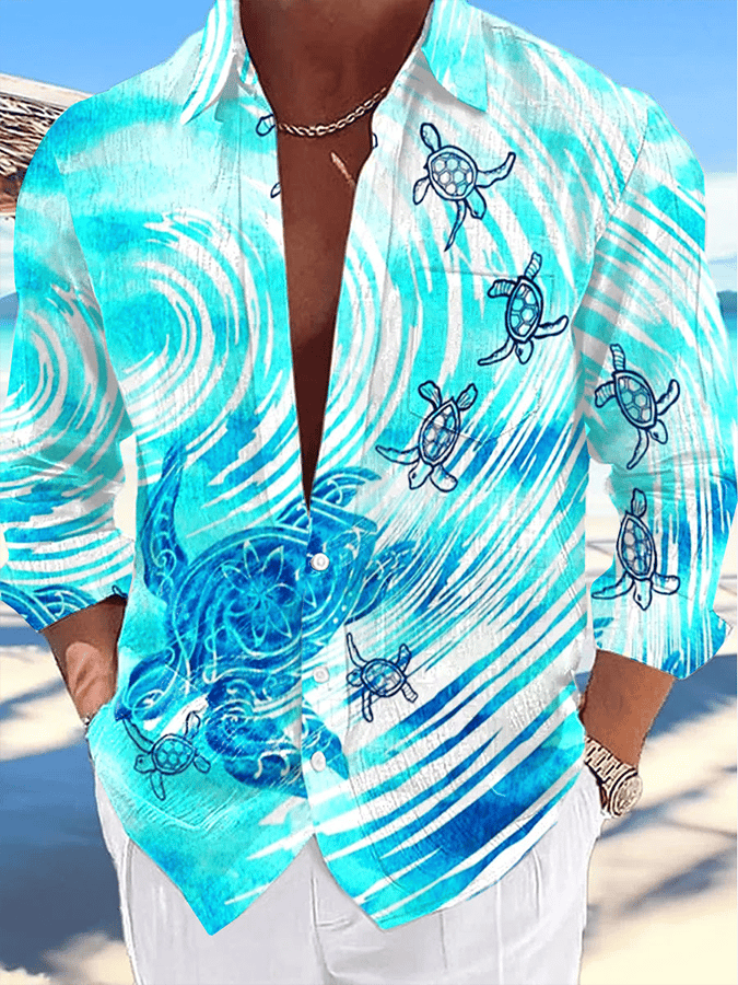 Camisa casual Hawaiian Turtle estampado Lapel para hombre
