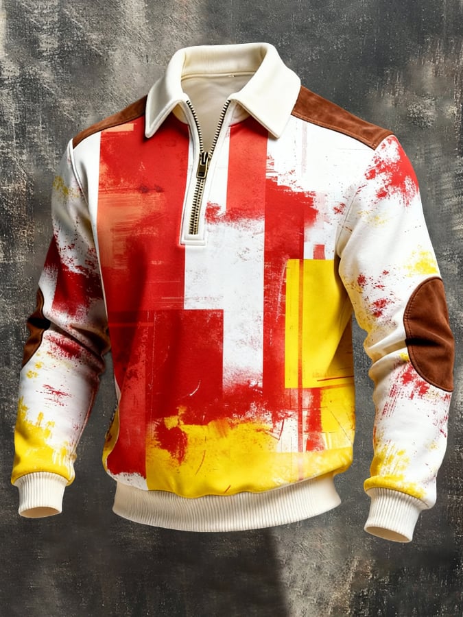 Sudadera vintage Color-Block estampado con cierre para hombre