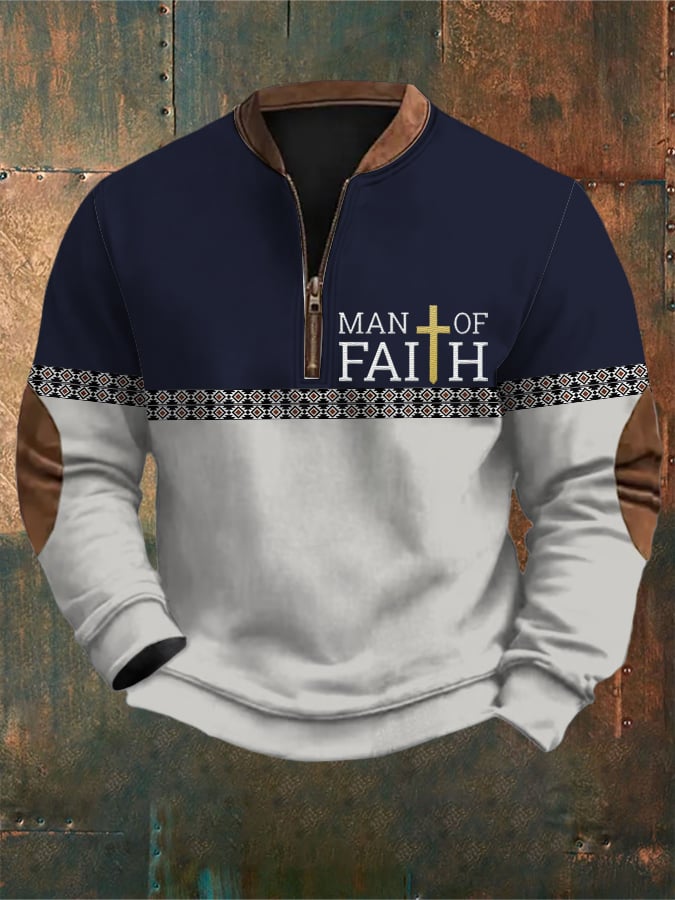 Sudadera retro Western Style Faith Cross estampado cierre Neck para hombre