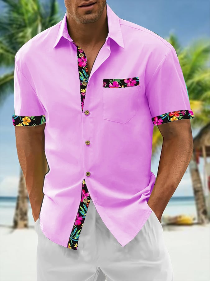 Camisa Resort Style Contrast estampado casual de manga corta para hombre