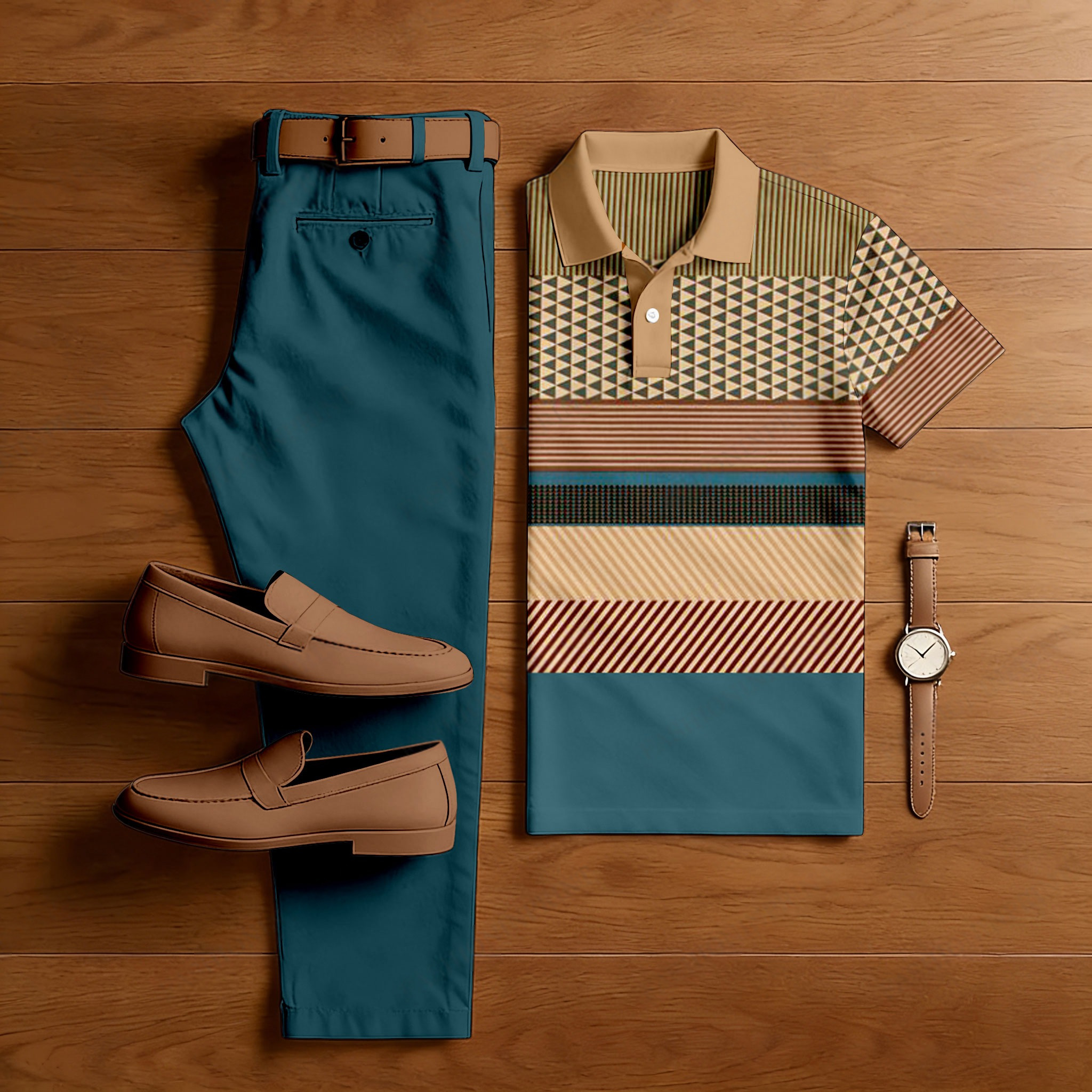 Conjunto de dos piezas casual Dark Brown Geometric estampado camisa polo And pantalón para hombre