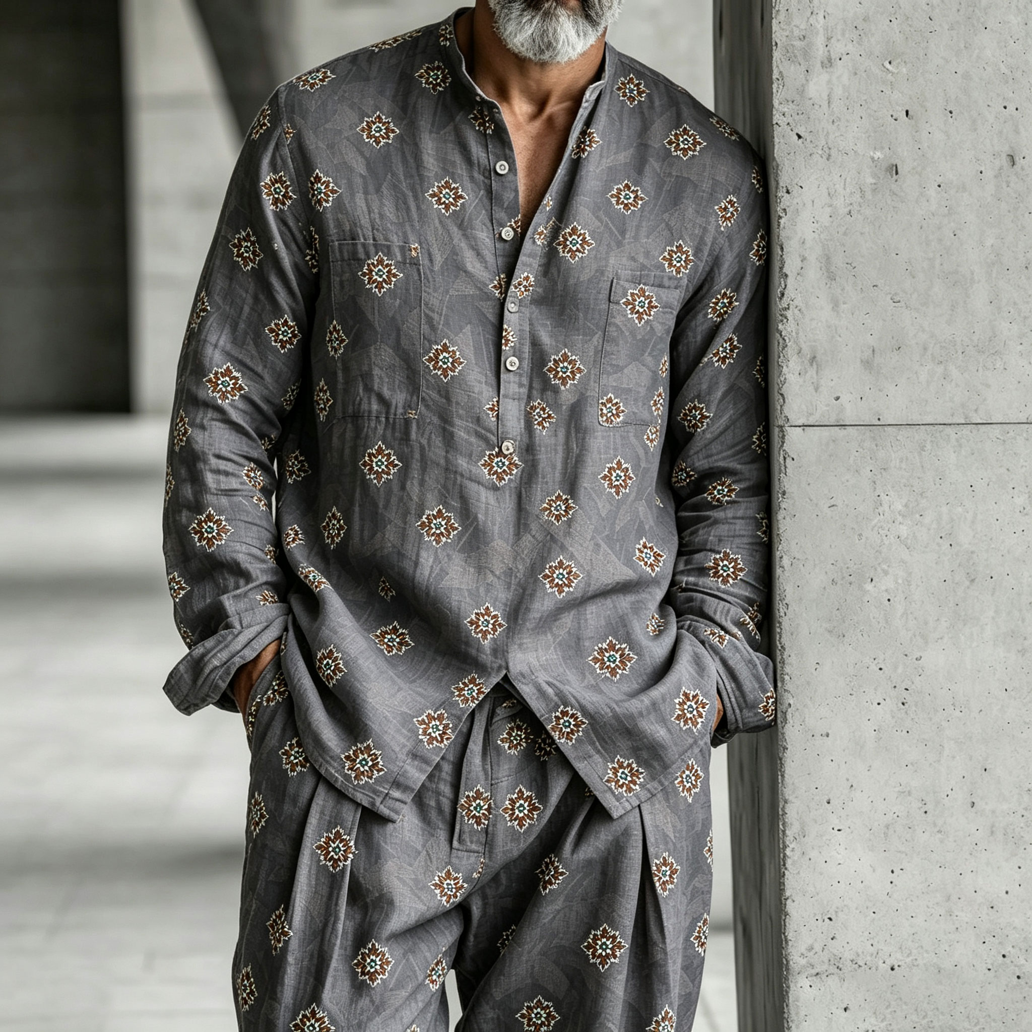 para hombre floral Stand-Collar Half-Open Henley camisa and pantalón