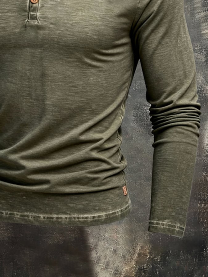 Camiseta vintage Washed And desgastado Pure de algodón Henley Neck de manga larga para hombre