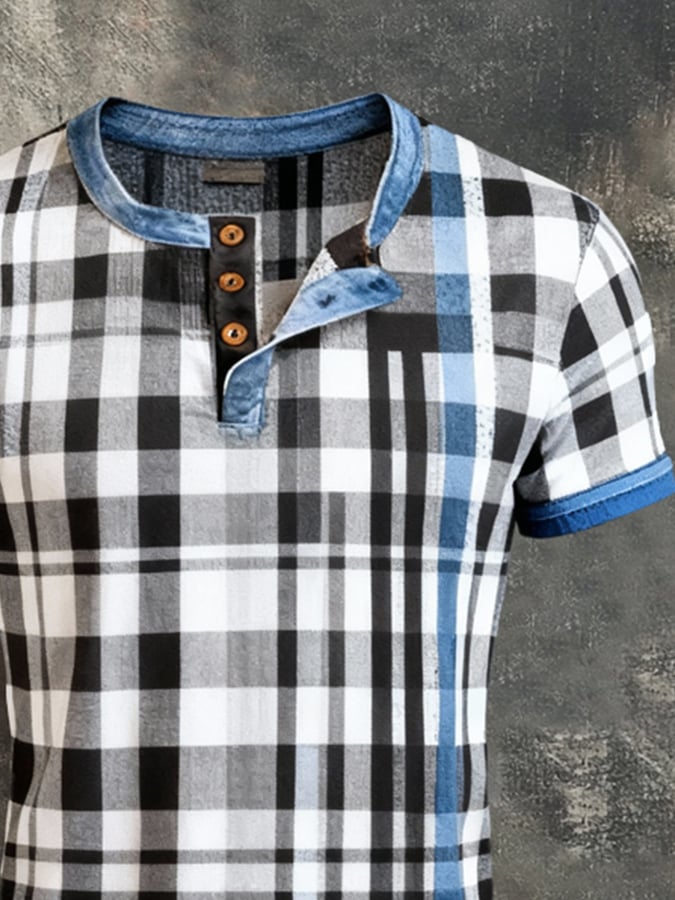 Camiseta vintage-Style Color-Block de manga corta With Henley cuello para hombre