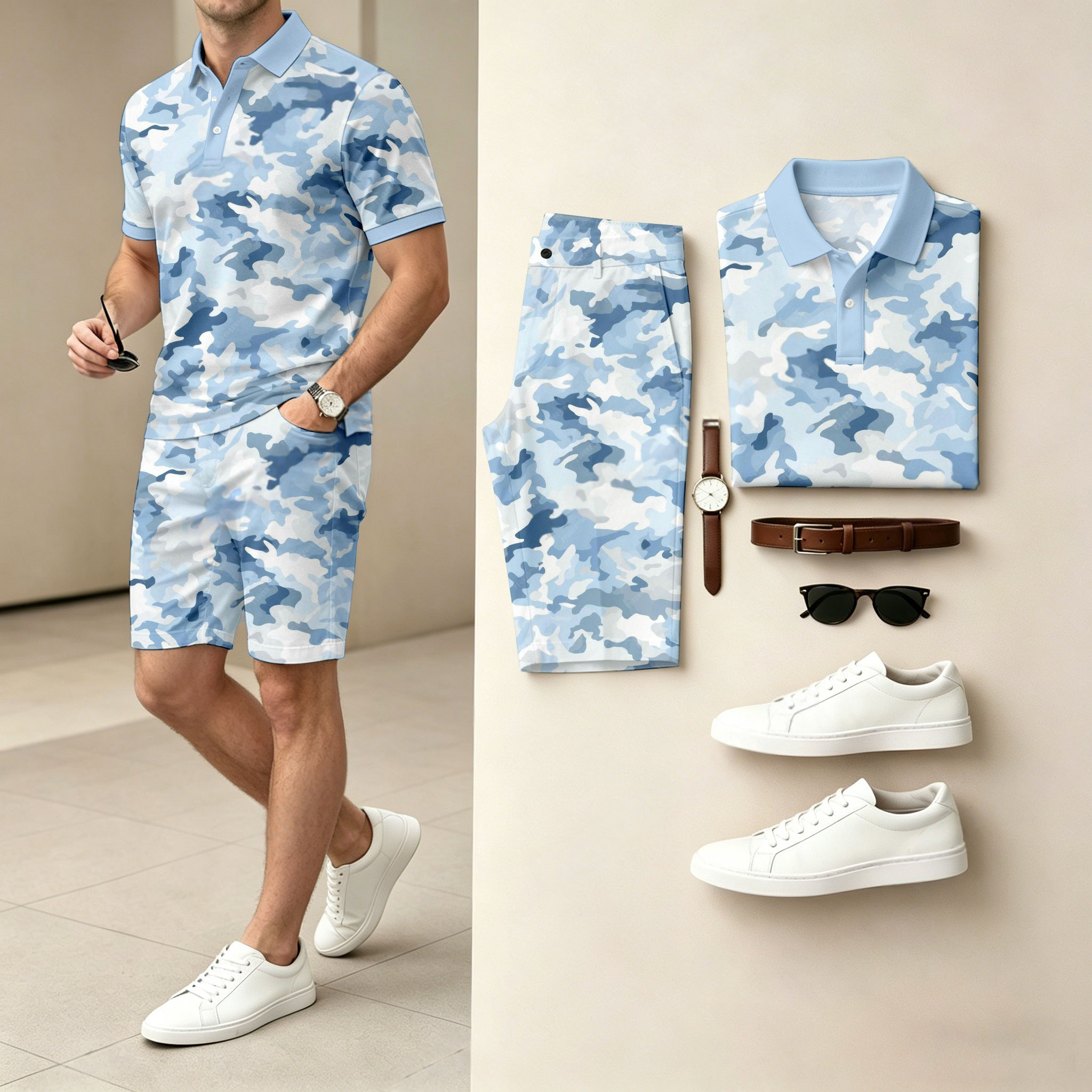 Conjunto de dos piezas casual Gradient-estampado camisa polo And shorts (Does Not Include Watch, Belt, Or Accessories) para hombre