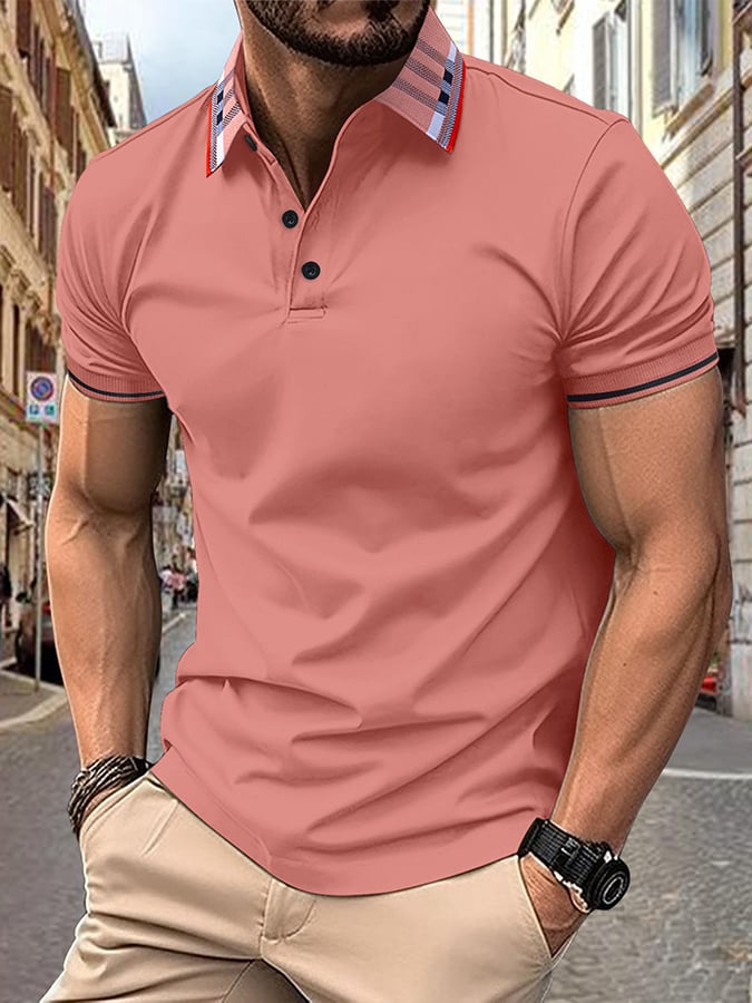 Camisa polo acanalado floral cuello de color sólido Button Up de manga corta para hombre