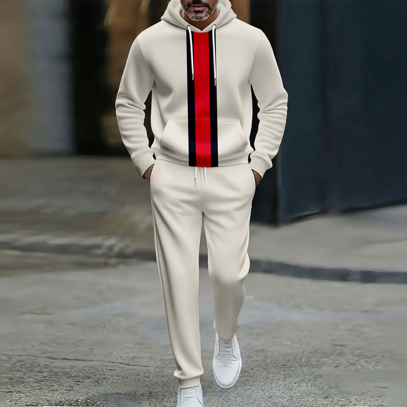 Conjunto de dos piezas casual Color Matching Red a rayas estampado Hooded de manga larga Trousers Apricot para hombre