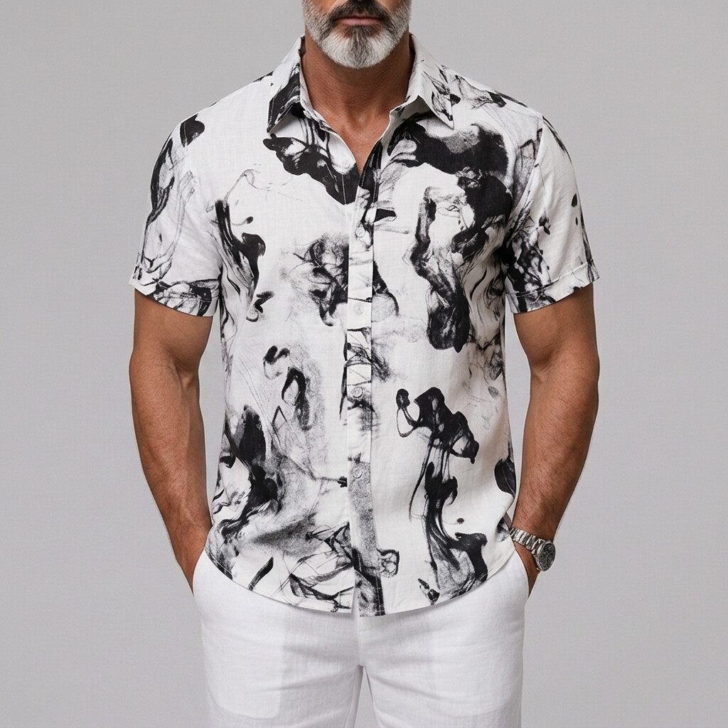 Camisa Ink-wash estampado Button Vacation Cuffed Edge de manga corta para hombre