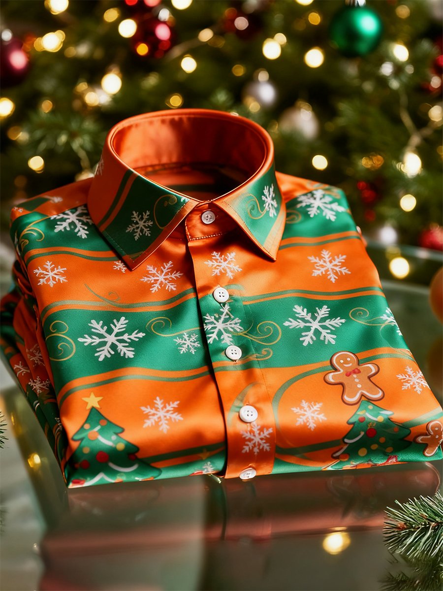 Camisa Christmas de manga larga con botones para hombre