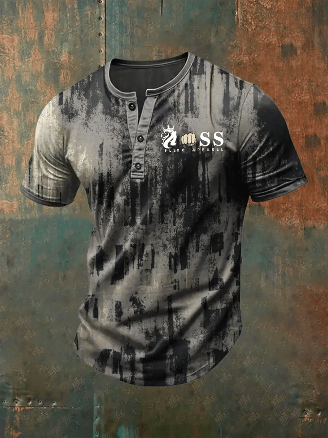Camiseta vintage Letter Design estampado Henley Neck para hombre