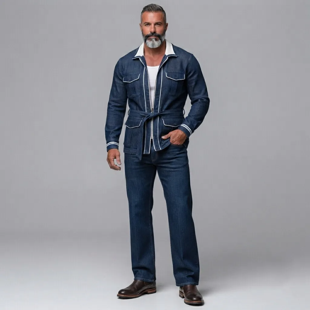 para hombre Navy Blue Denim Multi-Pockets Contrast Piping Belted con cierre Safari chaqueta