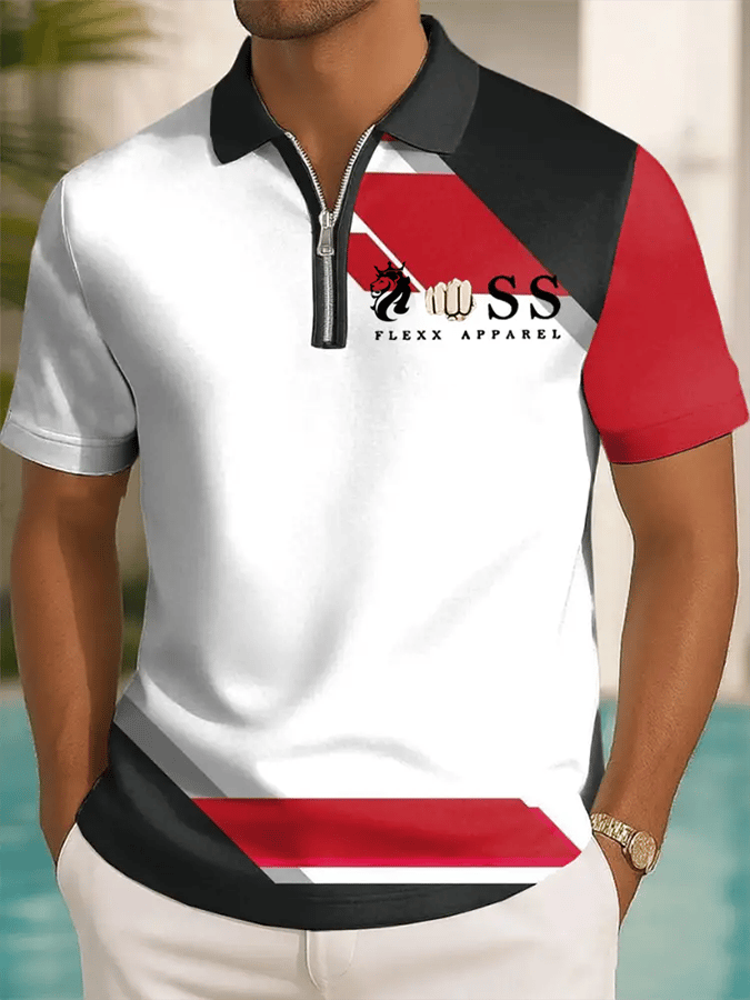 Camisa polo retro Letter Design estampado casual cierre para hombre