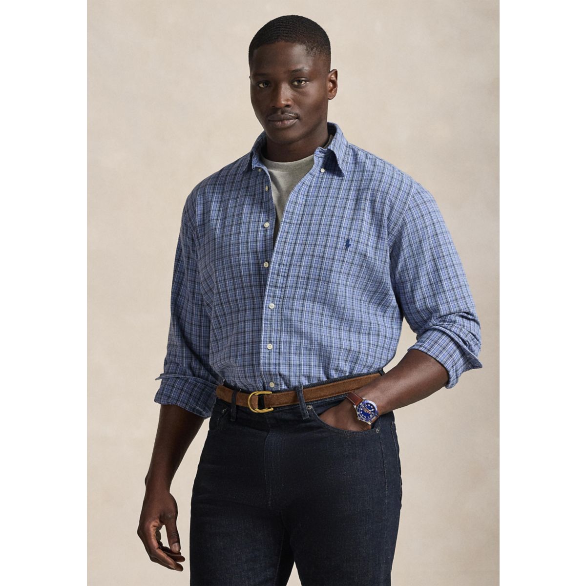 Big & Tall Plaid Brushed Oxford Shirt - 1