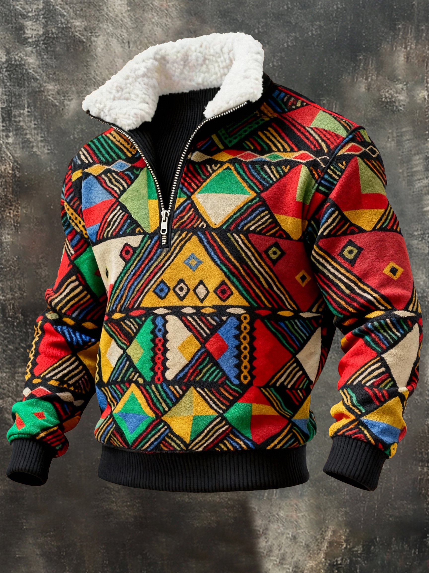 Sudadera retro en bloques de color estampado Fur cuello para hombre