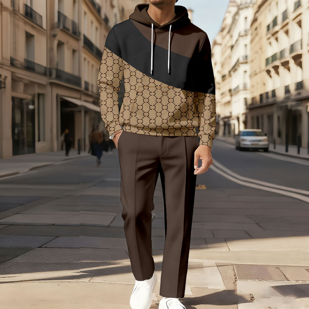 Conjunto de dos piezas casual Color Matching estampado de manga larga sudadera con capuchas sudadera & Trousers para hombre