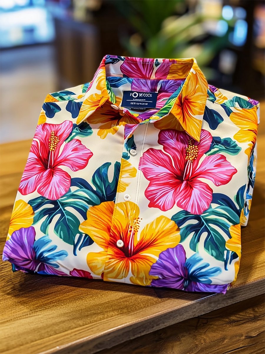 Camisa satén Luxe hawaiano estampado de manga corta Button para hombre