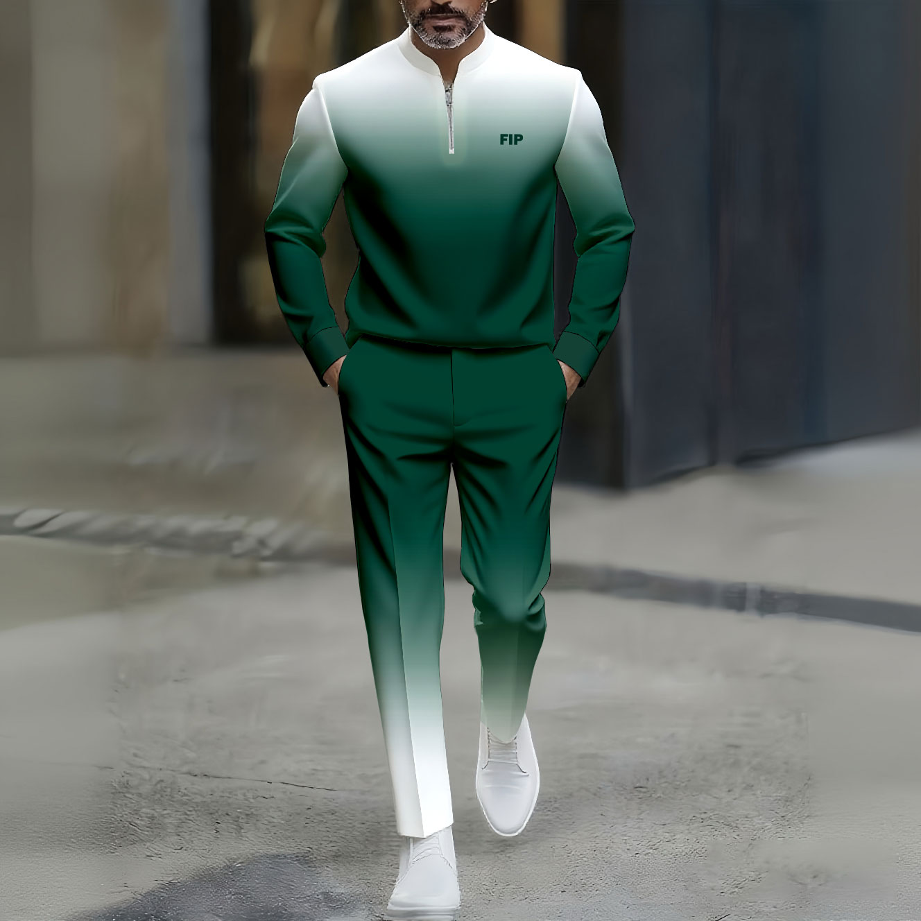 Conjunto de dos piezas casual Green&White Gradient Color Matching estampado Round-Neck Zipper de manga larga Trousers para hombre