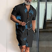 Camisa Leaves Tropical Plants 2pcs camisas Sets Summer Hawaiian de manga corta Short pantalón Cuban Collar Tropical de moda Hawaiian Street casual Hawaiian estampado Summer Spring Black White Blue para hombre
