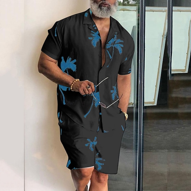Camisa Leaves Tropical Plants 2pcs camisas Sets Summer Hawaiian de manga corta Short pantalón Cuban Collar Tropical de moda Hawaiian Street casual Hawaiian estampado Summer Spring Black White Blue para hombre