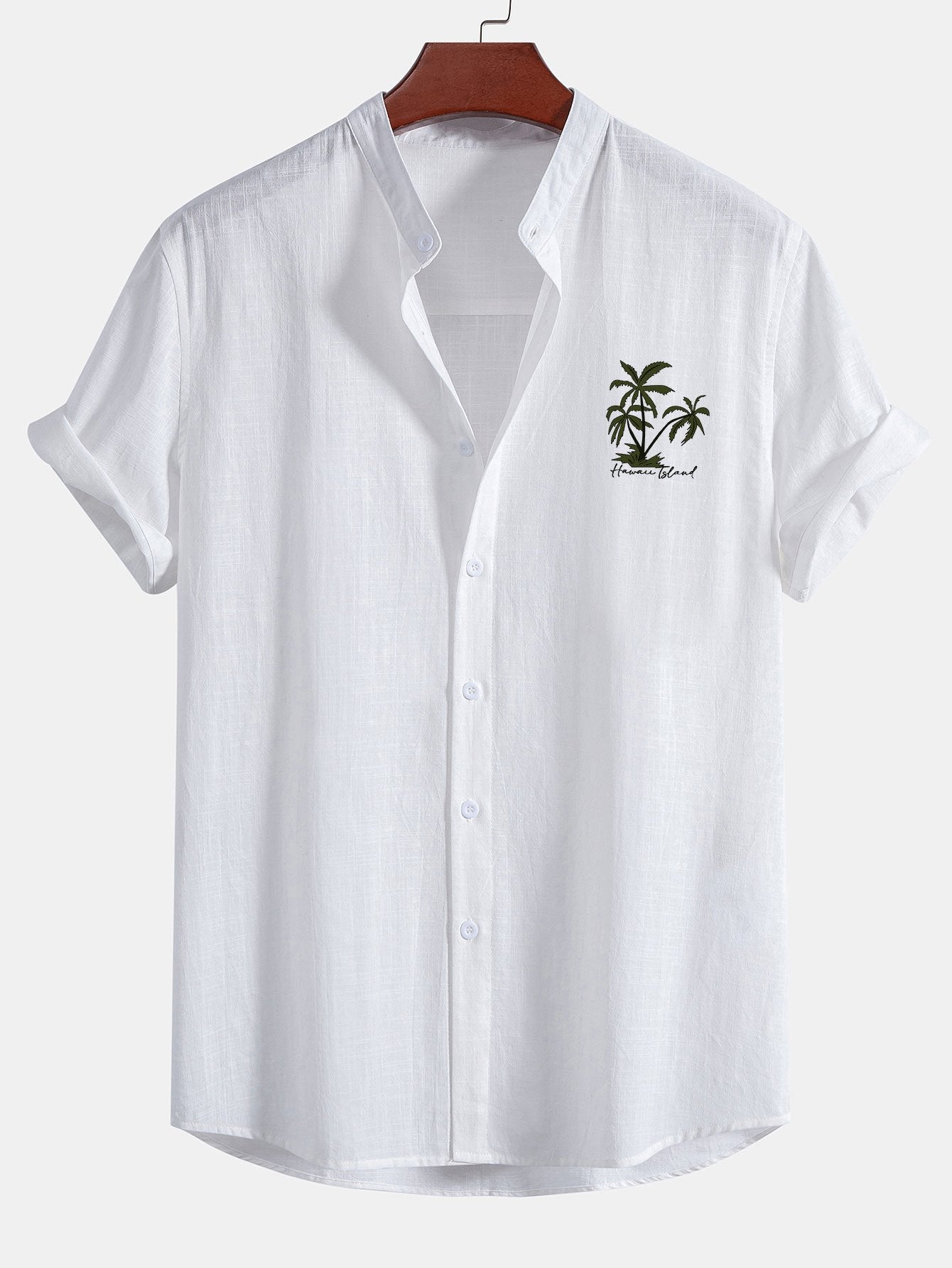 Camisa Hawaii Palm Tree estampado de lino Look de algodón Stand Collar