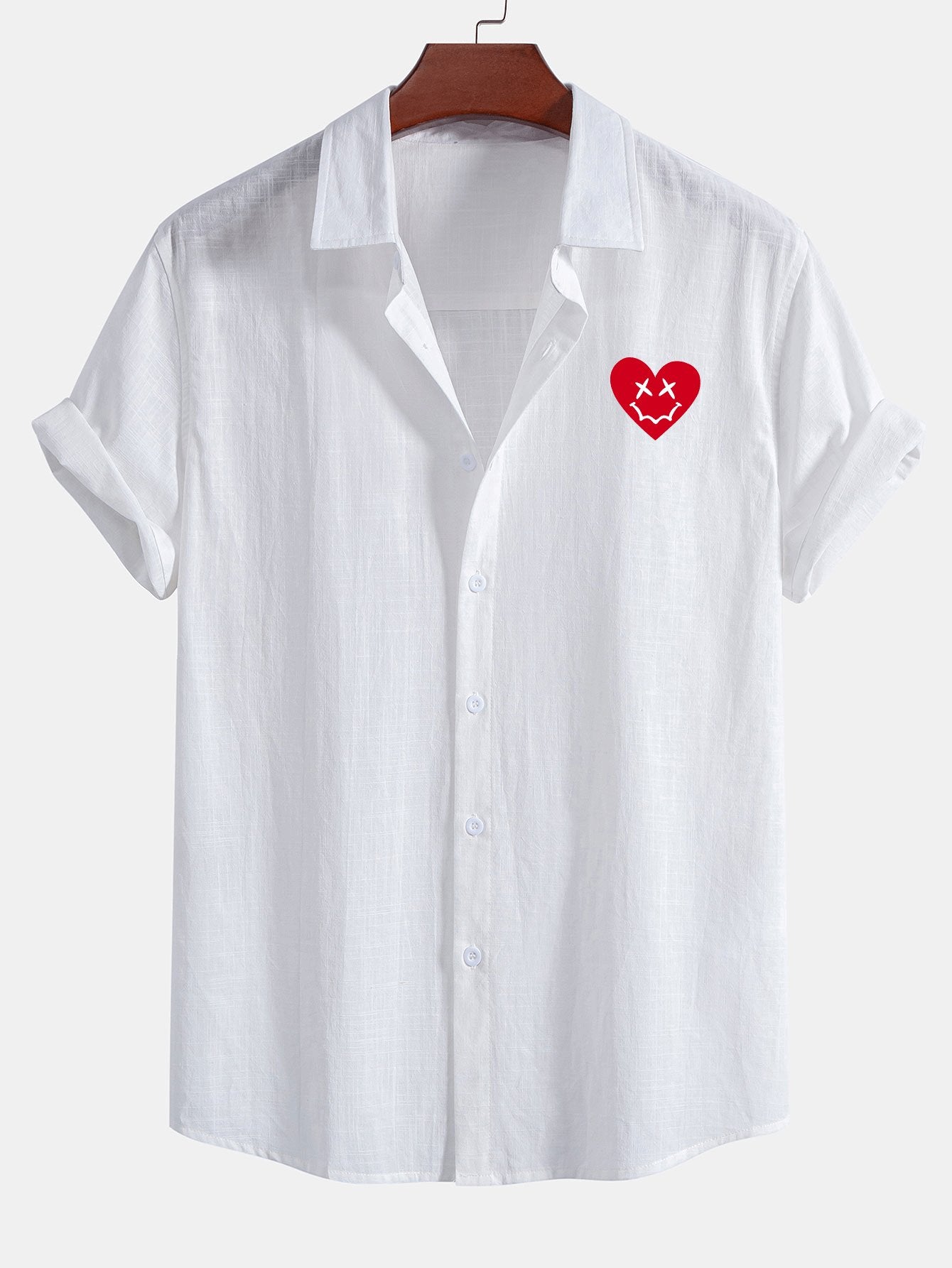 Camisa Heart Smiley Face estampado de lino Look de algodón Button Up
