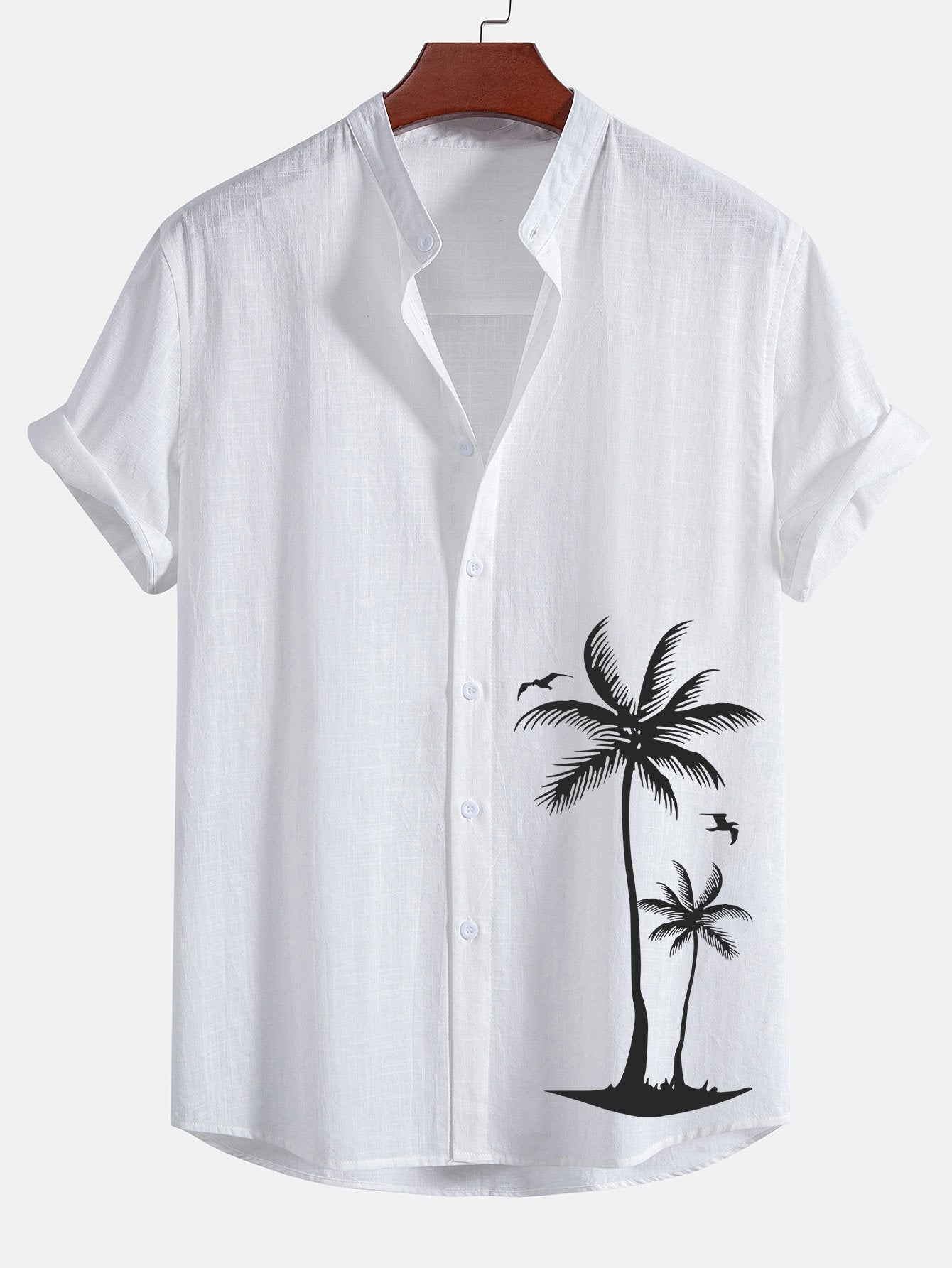 Camisa Palm Tree estampado de lino Look de algodón Stand Collar