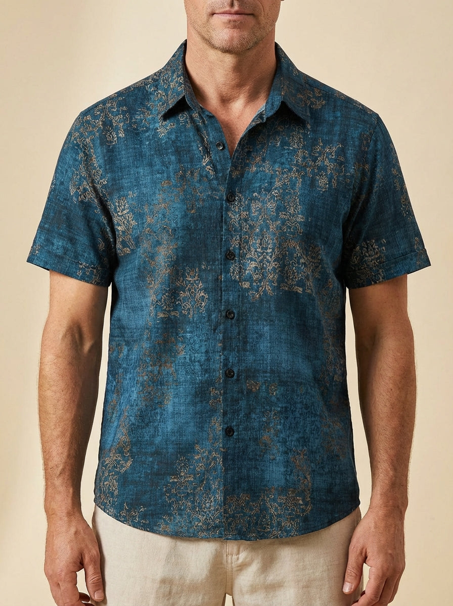 Camisa Blue de algodón vintage de manga corta Summer Button Up para hombre