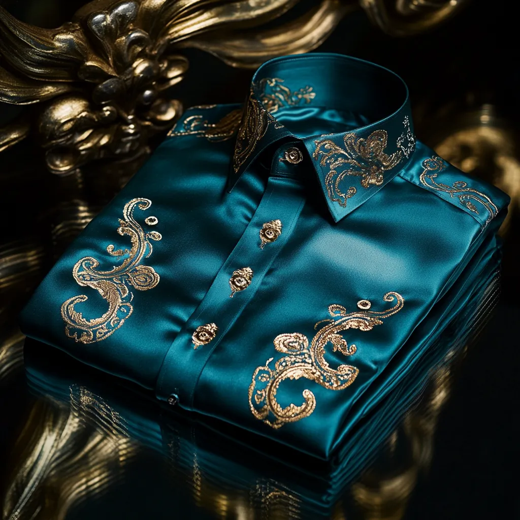 Camisa High Elasticity suave Unique satén Luxe estampado de manga corta Button para hombre