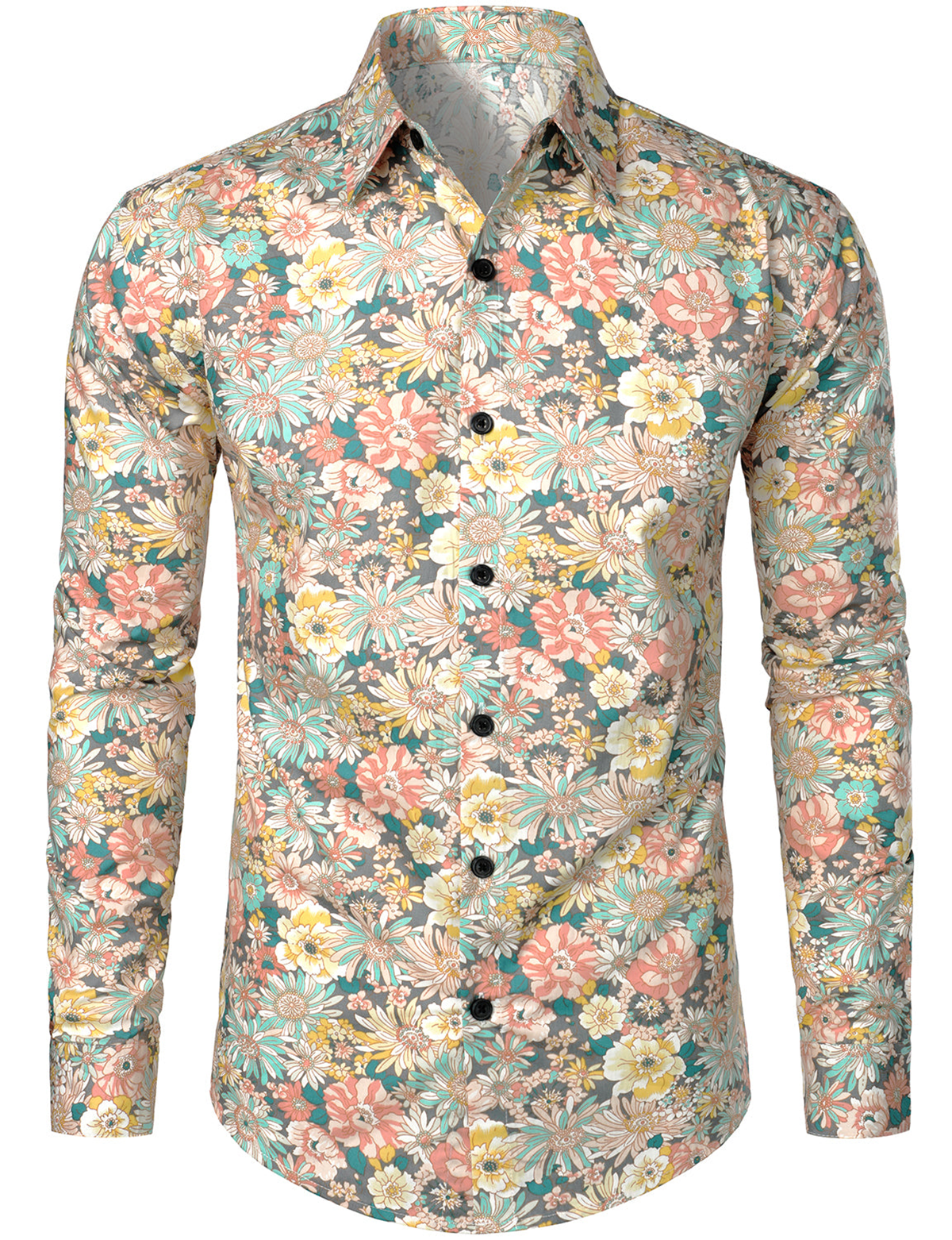 Camisa Grey de algodón floral estampado de manga larga para hombre