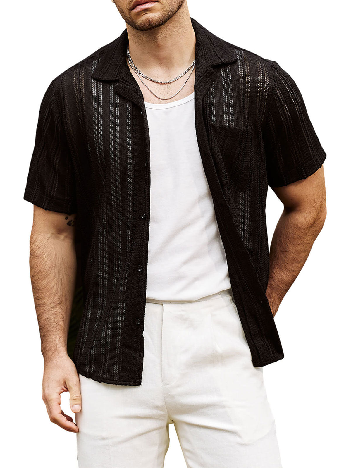 Camisa Summer Lace de manga corta casual Button Up Beach para hombre