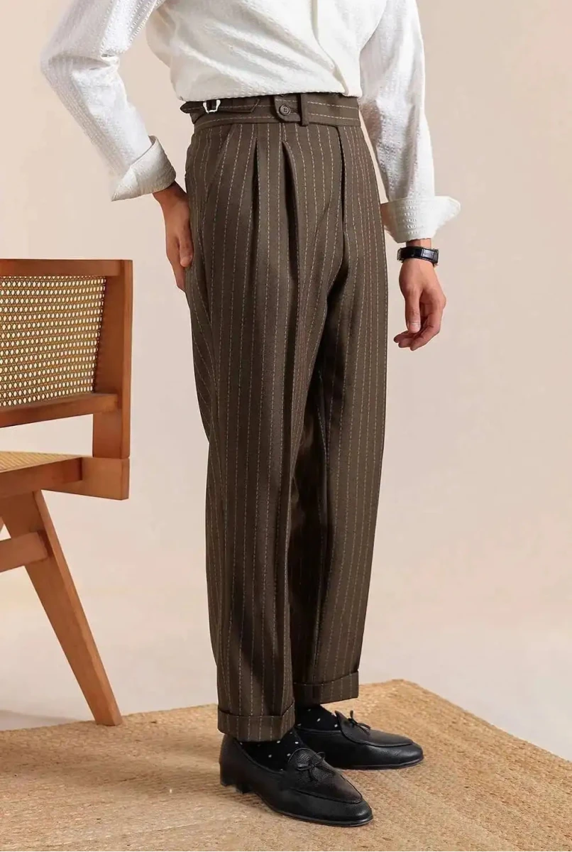 Italian style double pleated a rayas trousers
