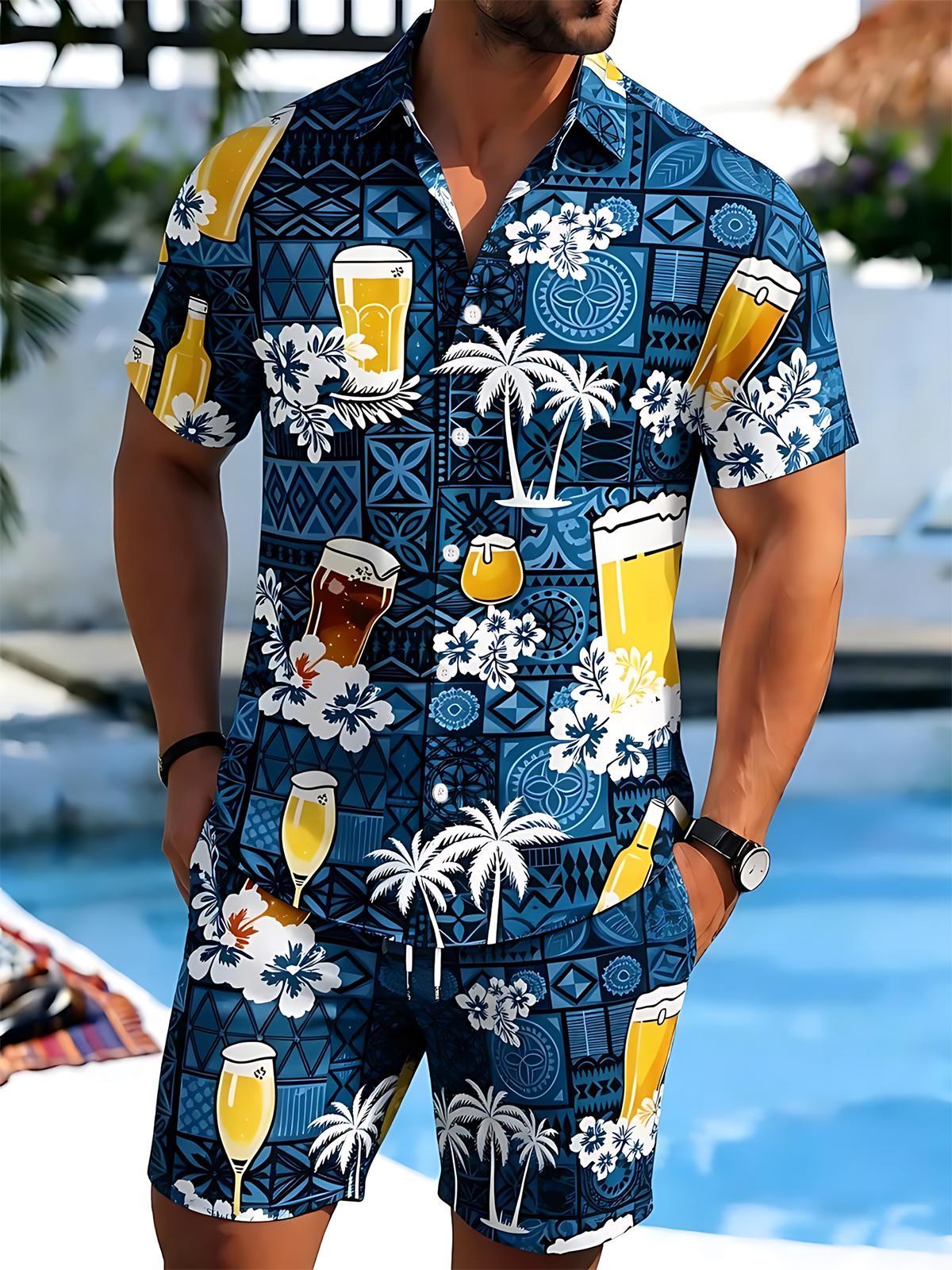 Shorts Hawaiian Coconut Tree floral Beer de manga corta Pockecamisetas And Set para hombre