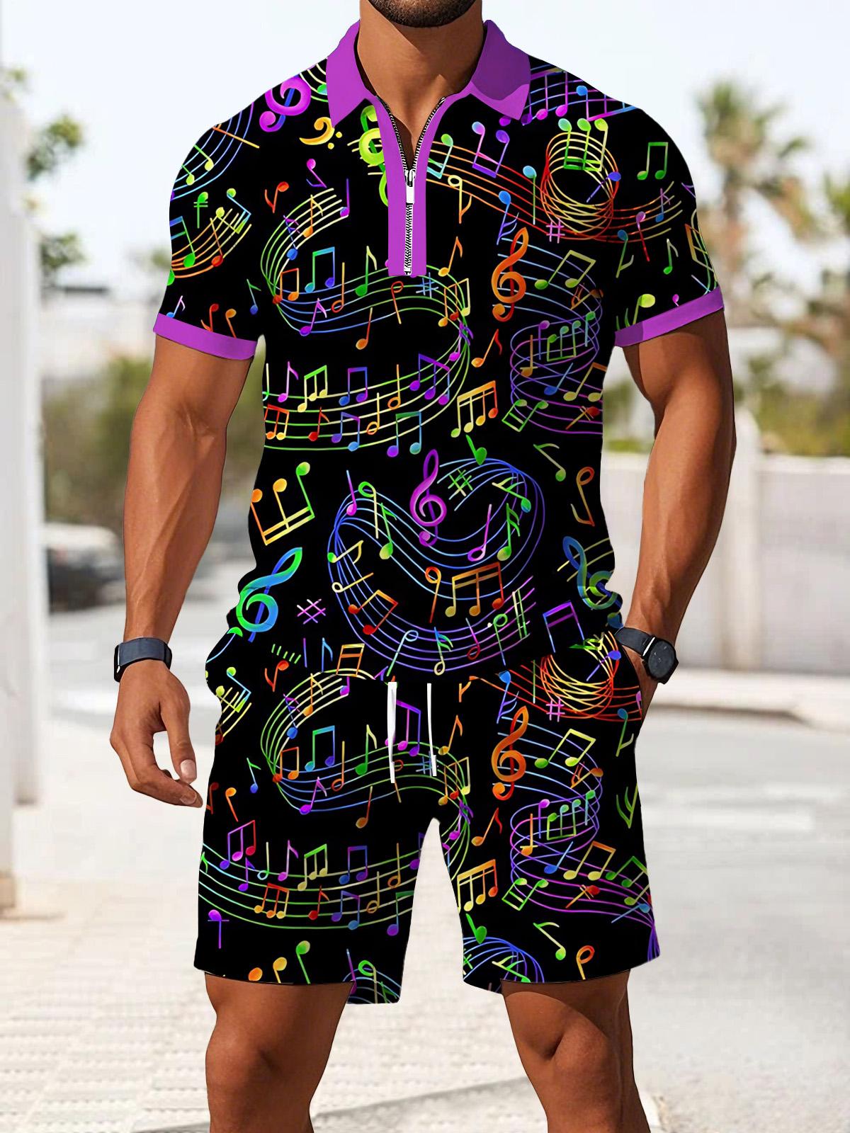 Shorts Musical Note estampado de manga corta Zipper Polo And Set para hombre