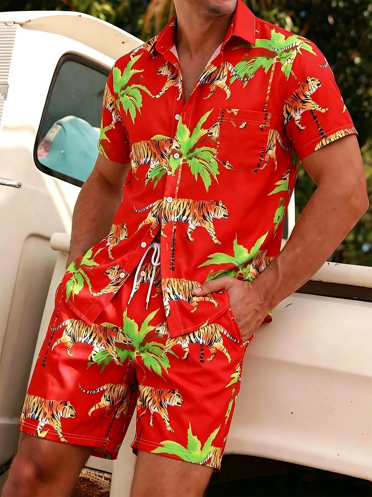 Shorts Hawaiian Coconut Tree Tiger de manga corta Pockecamisetas And Set para hombre