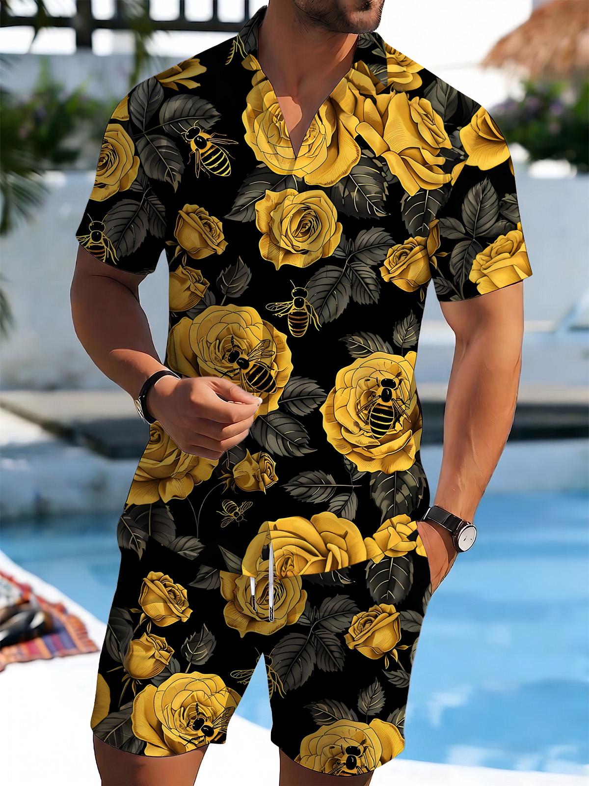 Shorts Bee Flower estampado de manga corta Pockecamisetas And Set para hombre