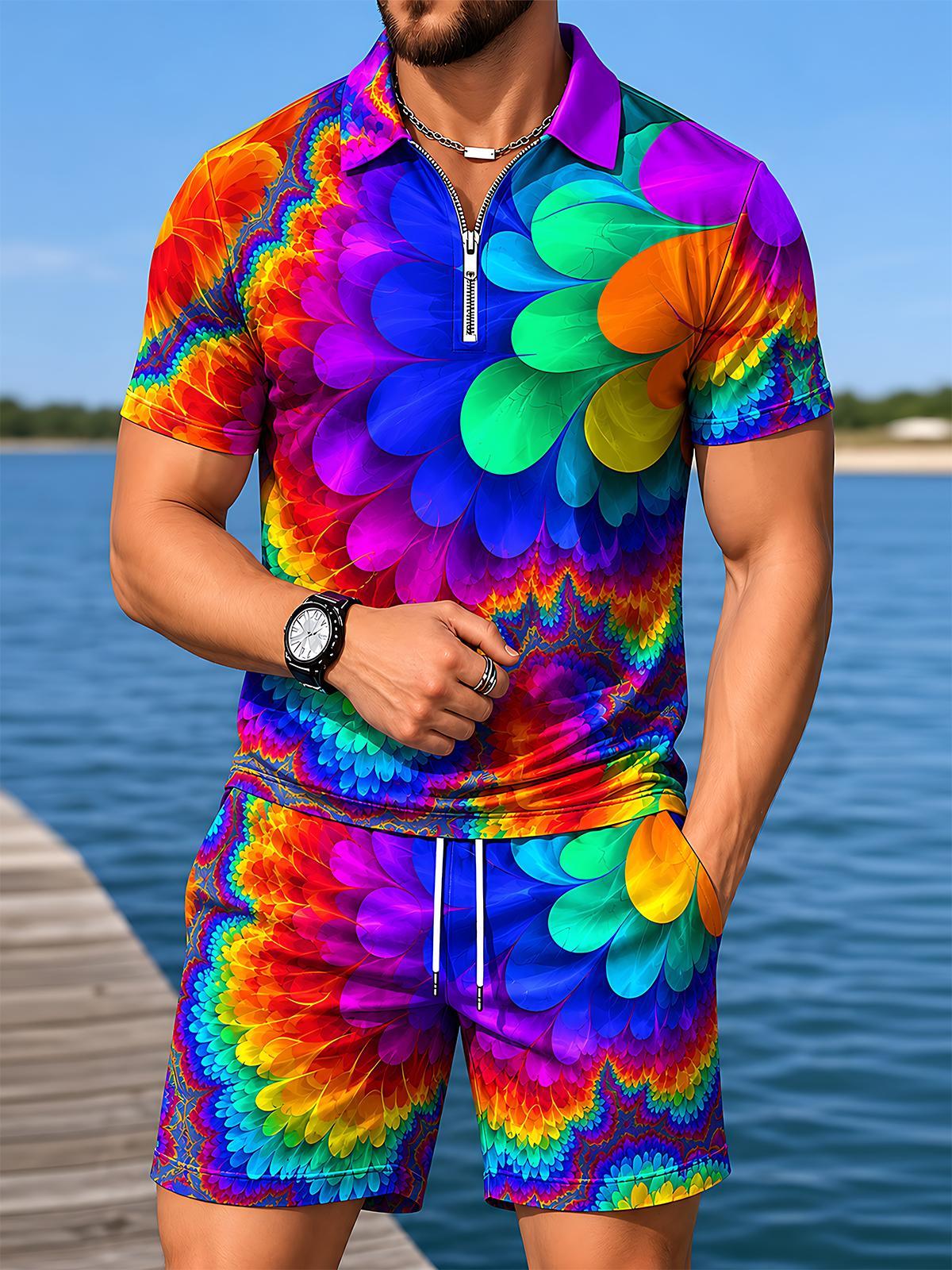 Shorts Colorful Psychedelic Fractal Art Abstract de manga corta Zipper Polo And Set para hombre