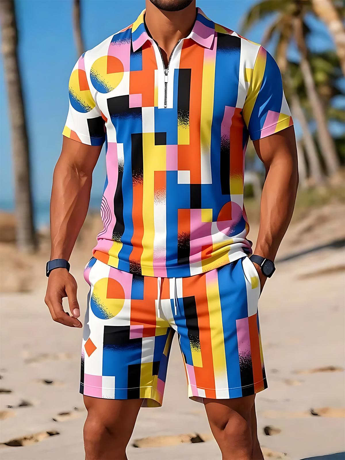 Shorts Colorful Geometry de manga corta Zipper Polo And Set para hombre