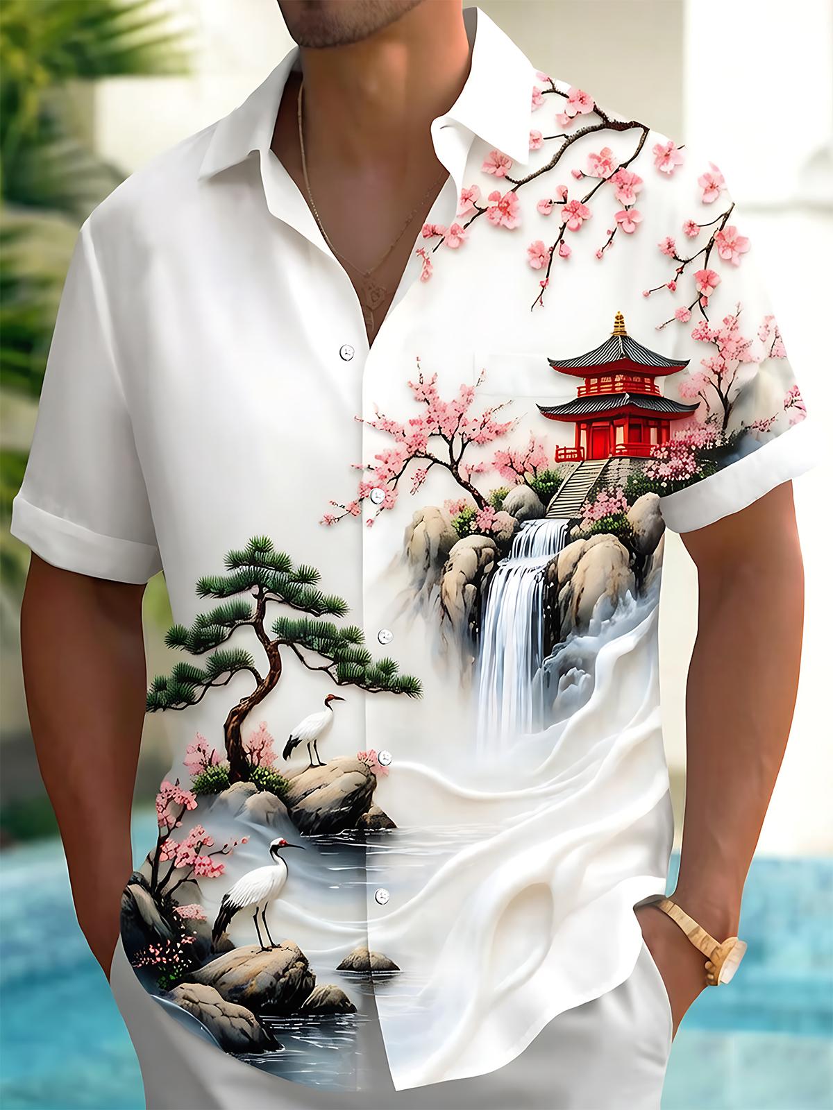 Cherry Blossom Landscape With Cranes Pocket de manga corta camisas para hombre