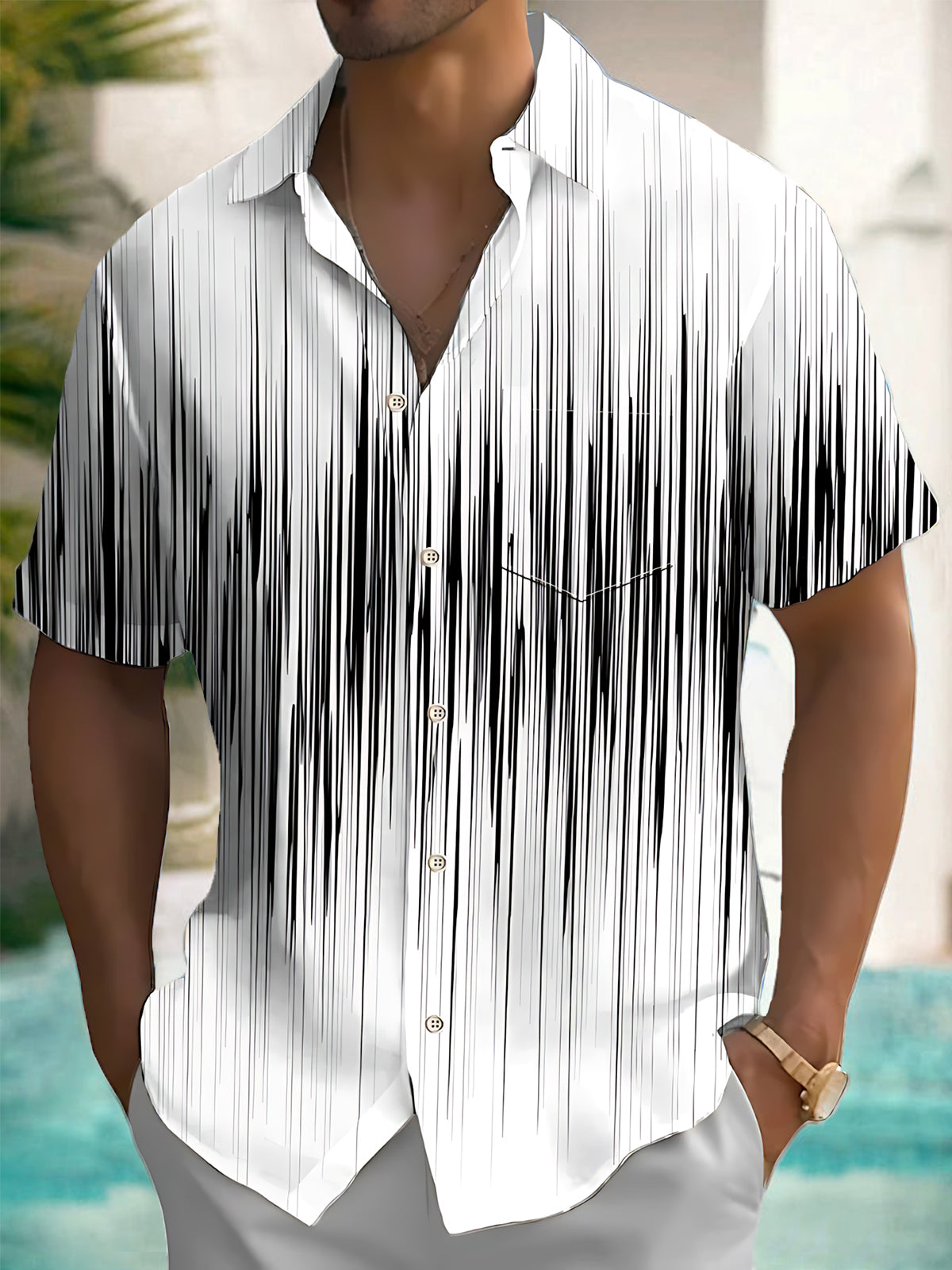 Casual a rayas estampado Pocket de manga corta camisas para hombre
