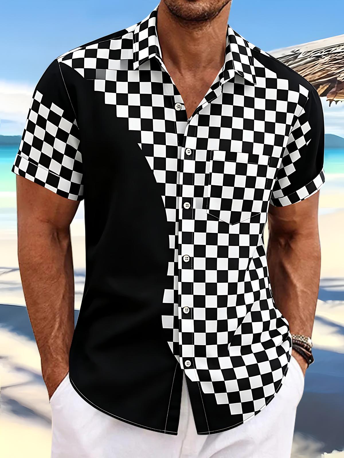 Geometry Checkered Pattern Pocket de manga corta camisas para hombre