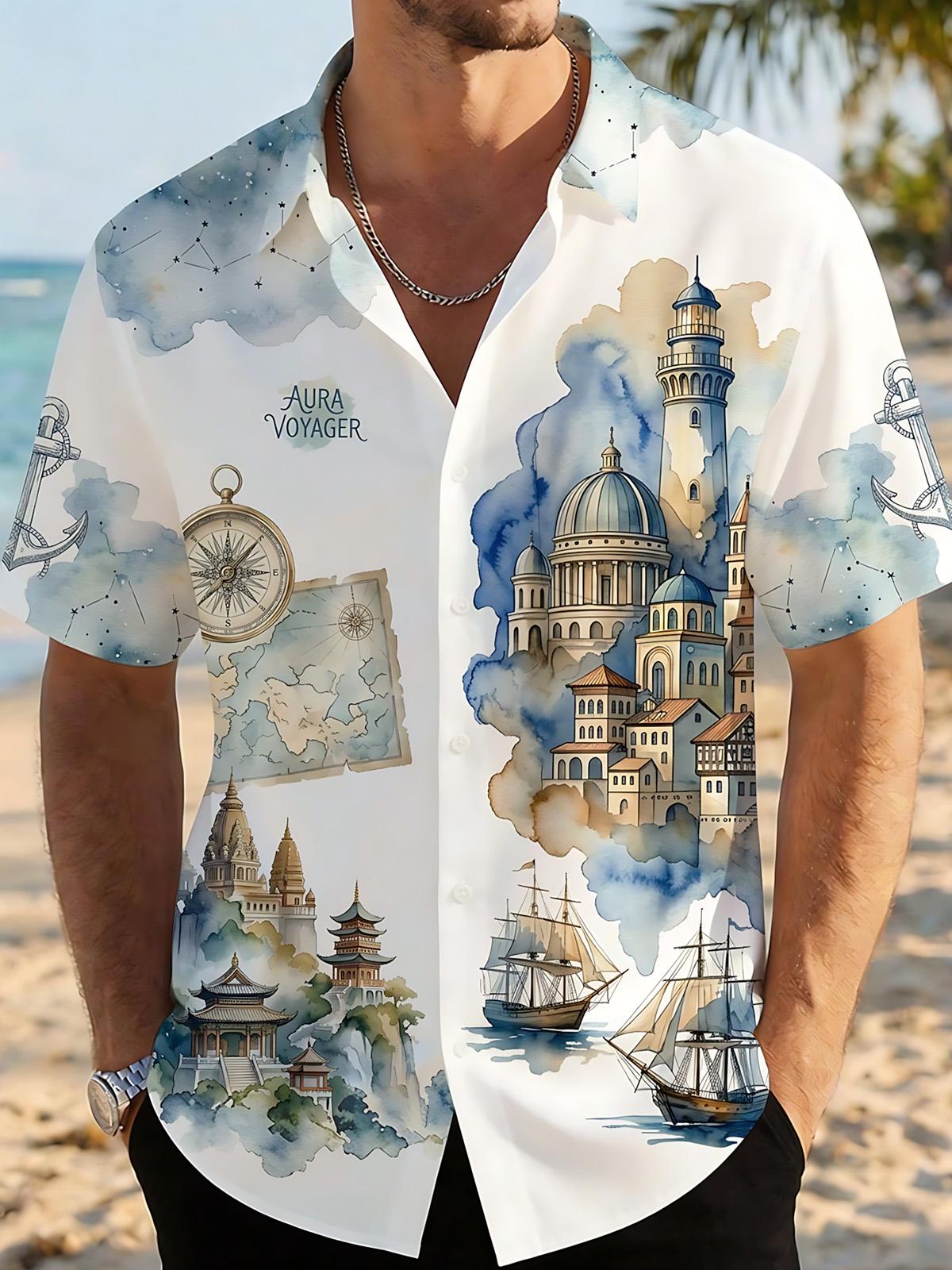 Boat Compass Nautical Art estampado Pocket de manga corta camisas para hombre