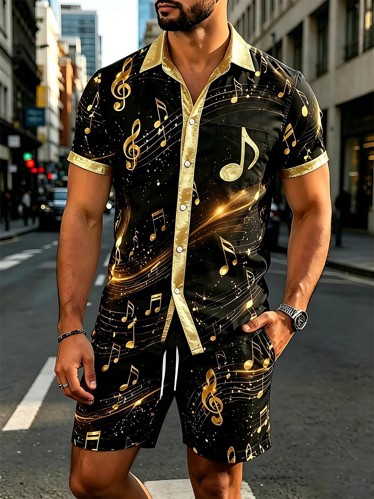 Shorts Black And Gold Music Note de manga corta Pockecamisetas And Set para hombre
