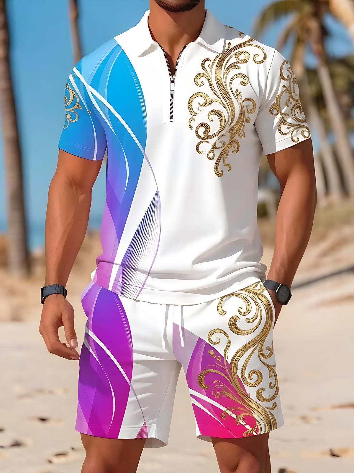 Shorts Art Abstract Blue-Purple Gradient Baroque Pattern de manga corta Zipper Polo And Set para hombre