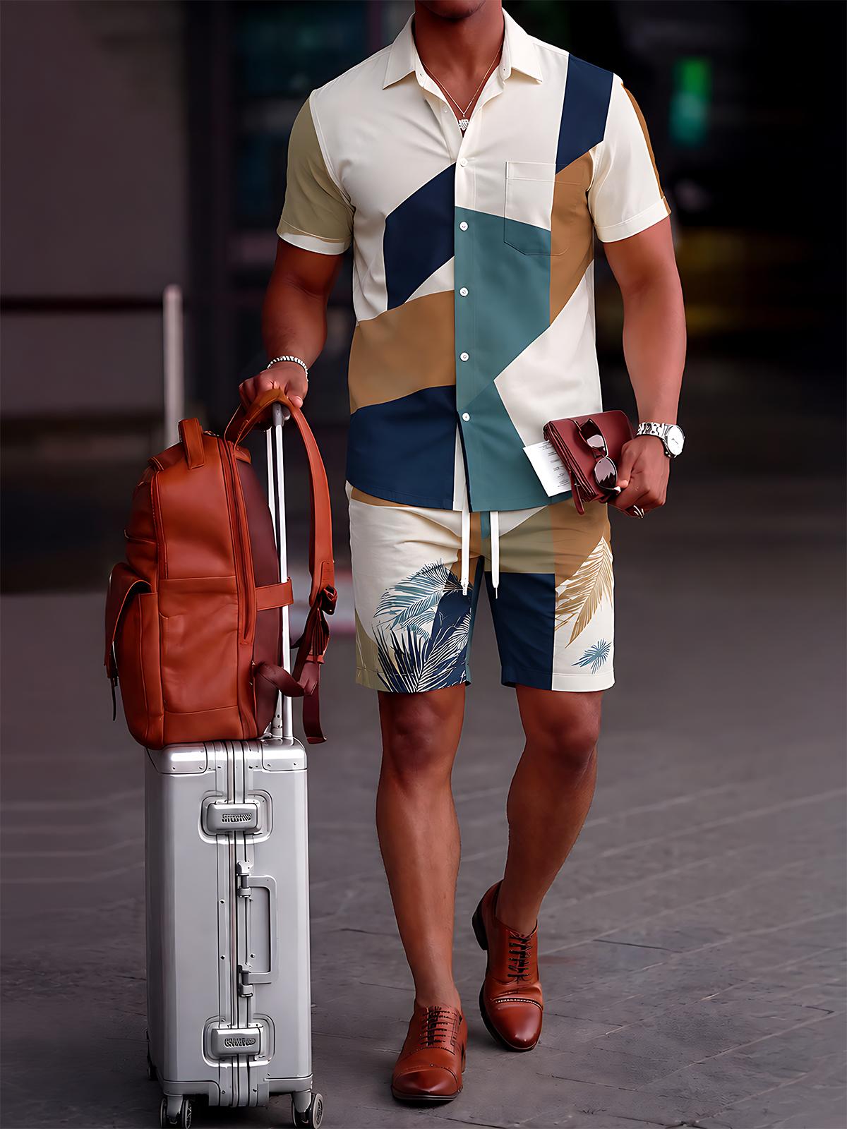 Shorts Geometric en bloques de color Palm Leaves de manga corta Pockecamisetas And Set para hombre
