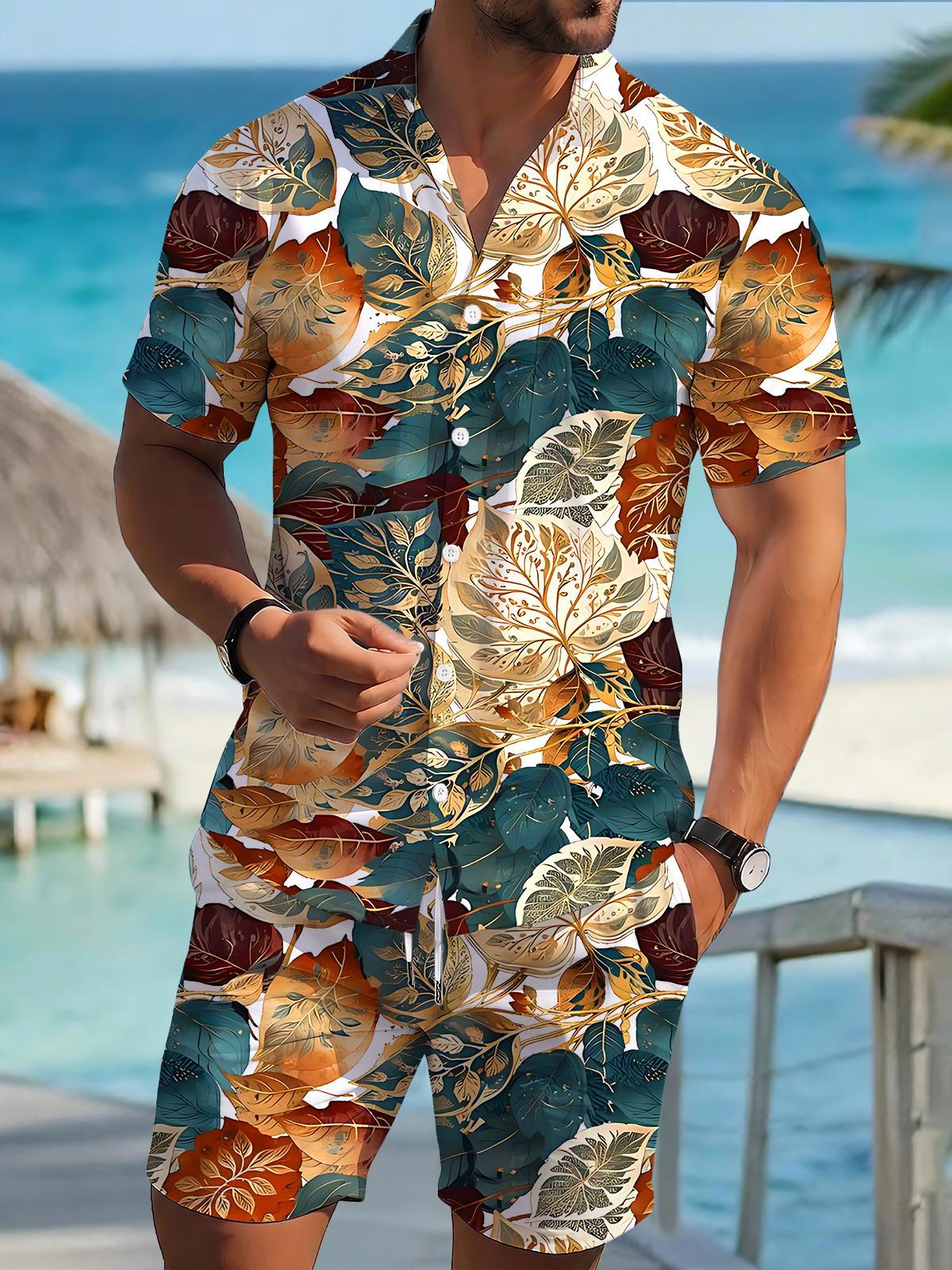 Shorts Hawaiian Leaf de manga corta Pockecamisetas And Set para hombre