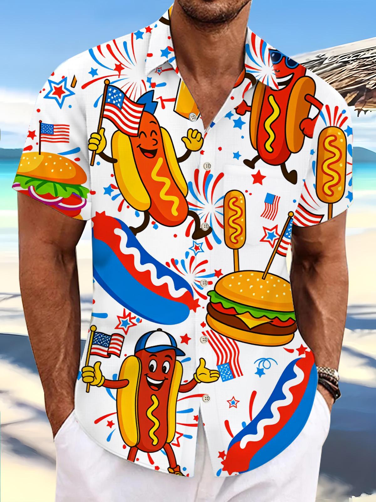 American Flag Hot Dog Burger Funny estampado Pocket de manga corta camisas para hombre