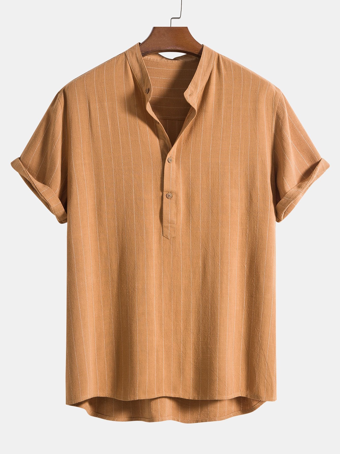 Camisa de lino Blend a rayas Half Open Placket Henley Collar