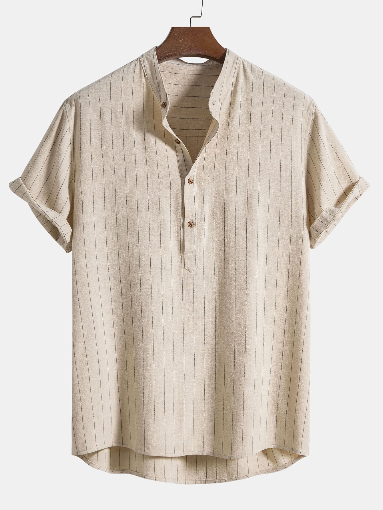 Camisa de lino Blend a rayas Half Open Placket Henley Collar