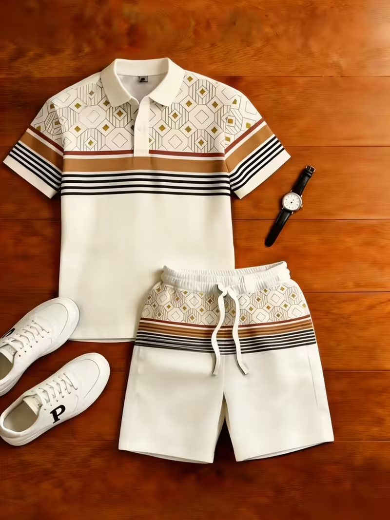 para hombre casual Geometry estampado camisa polo And pantalón conjunto de dos piezas