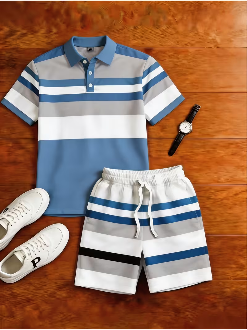 Conjunto de dos piezas casual a cuadros estampado camisa polo And pantalón para hombre